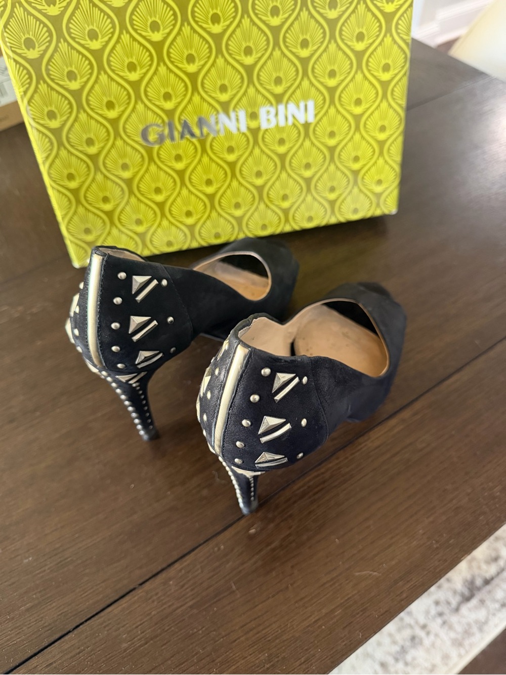 Gianni Bini Black Suede Studded Peep-Toe Heels